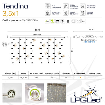 LED curtain | 3.5x1m 230V | white cable | 230 LEDs (46 flashes)