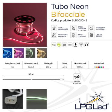 Flexible double-sided neon strip light | 16x8mm | 50m 230V | IP44 | cut by the metre
