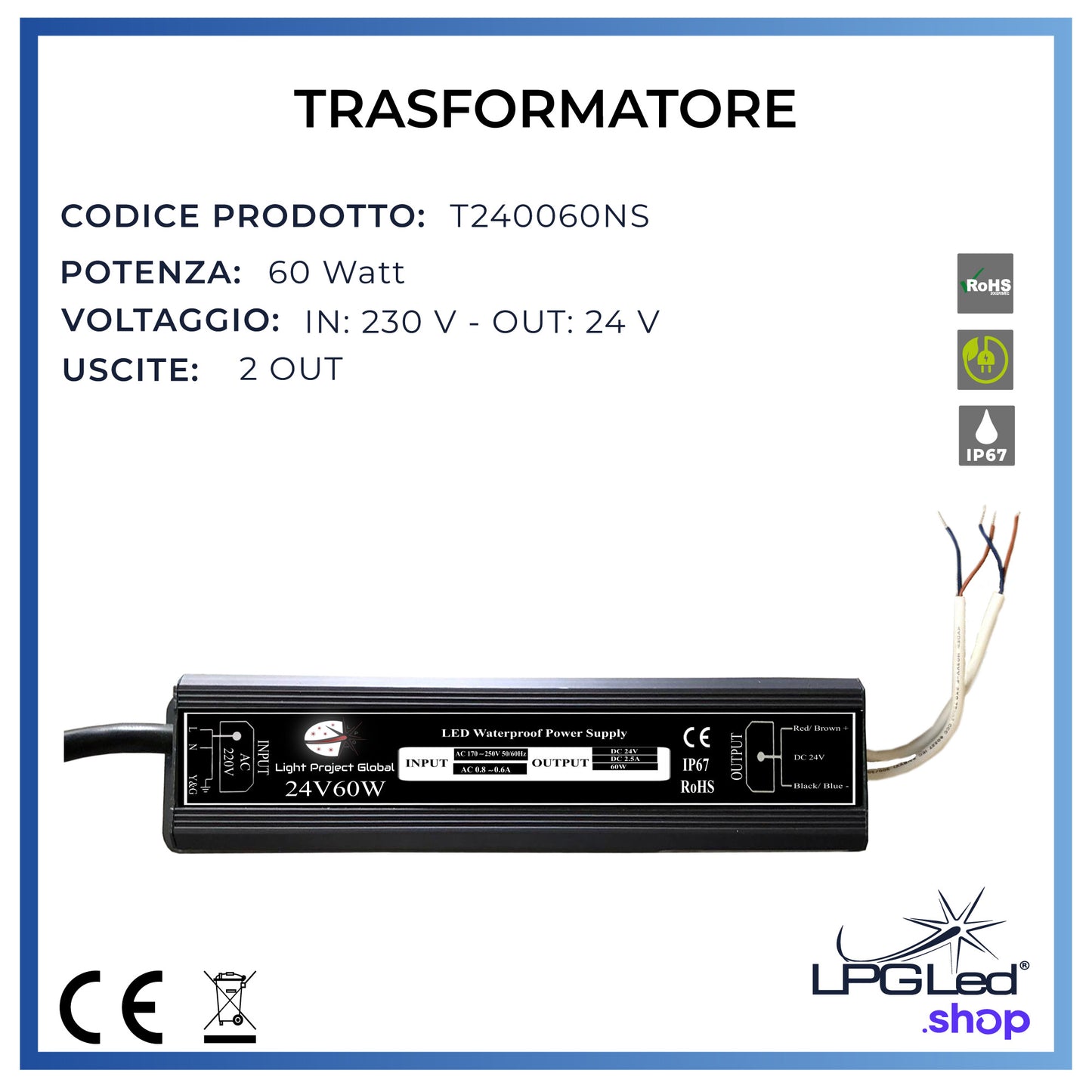 LPGLed voltage transformer | 60 Watts 2 outputs | IP67 | 24V