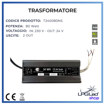 Trasformatore di tensione LPGLed | 80 Watt 2 uscite | IP67 | 24V