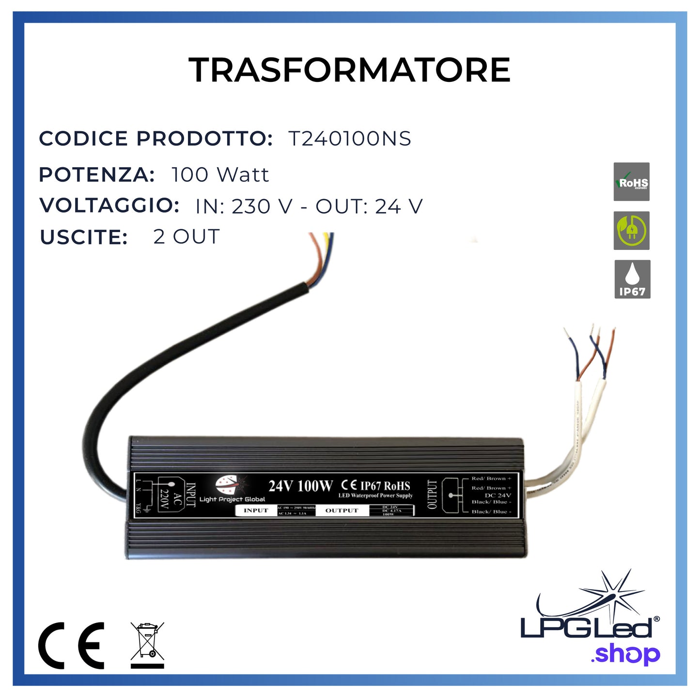 LPGLed voltage transformer | 100 Watts 2 outputs | IP67 | 24V