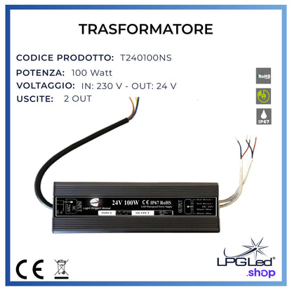 Trasformatore di tensione LPGLed | 100 Watt 2 uscite | IP67 | 24V