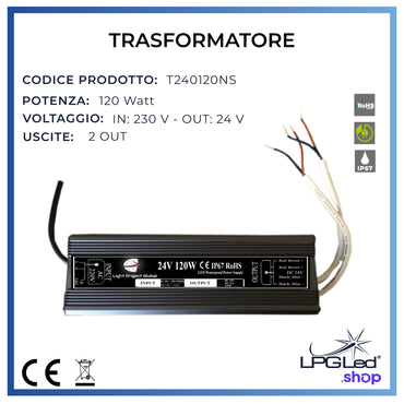 Trasformatore di tensione LPGLed | 120 Watt 2 uscite | IP67 | 24V