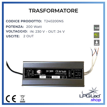 Trasformatore di tensione LPGLed | 200 Watt 2 uscite | IP67 | 24V