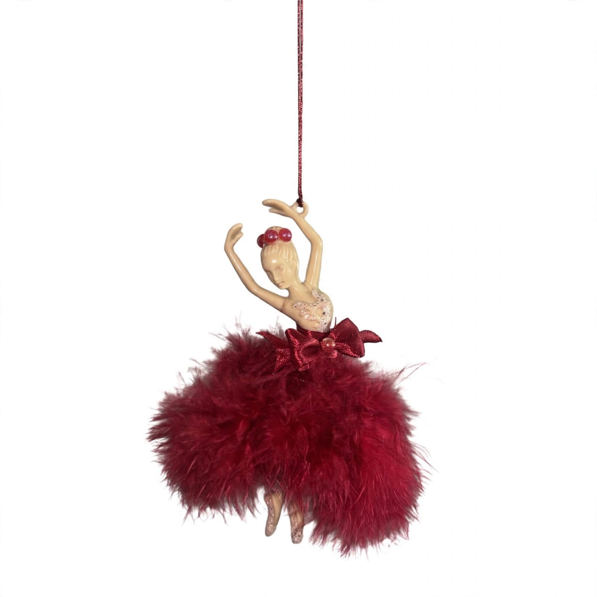 Ballerina di Natale in Abito di Piume, Ornamento Elegante per Albero Natalizio, colore Bordeaux – ornamenti natalizi Merry Worlds, foto 3