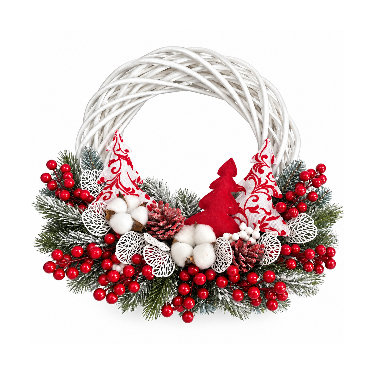 Corona di Natale artigianale in vimini bianca con alberelli, 35 cm, vista frontale – corone di Natale Merry Worlds