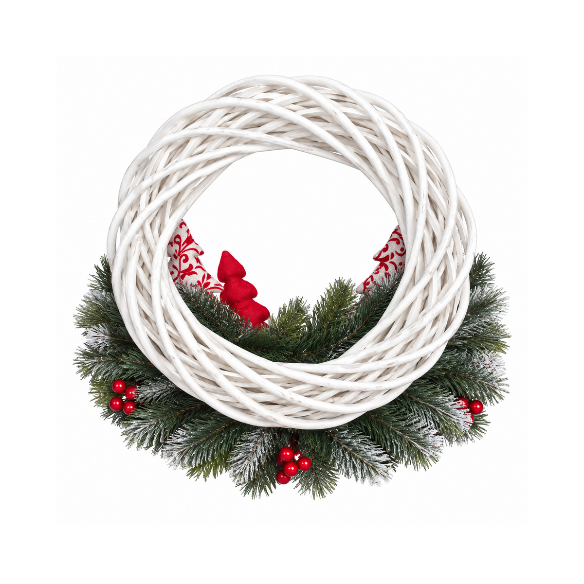 Corona di Natale artigianale in vimini bianca con alberelli, 35 cm, vista retro – addobbi natalizi eleganti Merry Worlds, foto 3