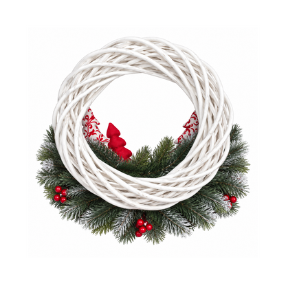 Corona di Natale artigianale in vimini bianca con alberelli, 35 cm, vista retro – addobbi natalizi eleganti Merry Worlds, foto 3