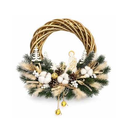 Corona di Natale artigianale in vimini dorata con presepe, 35 cm – corone di Natale Merry Worlds