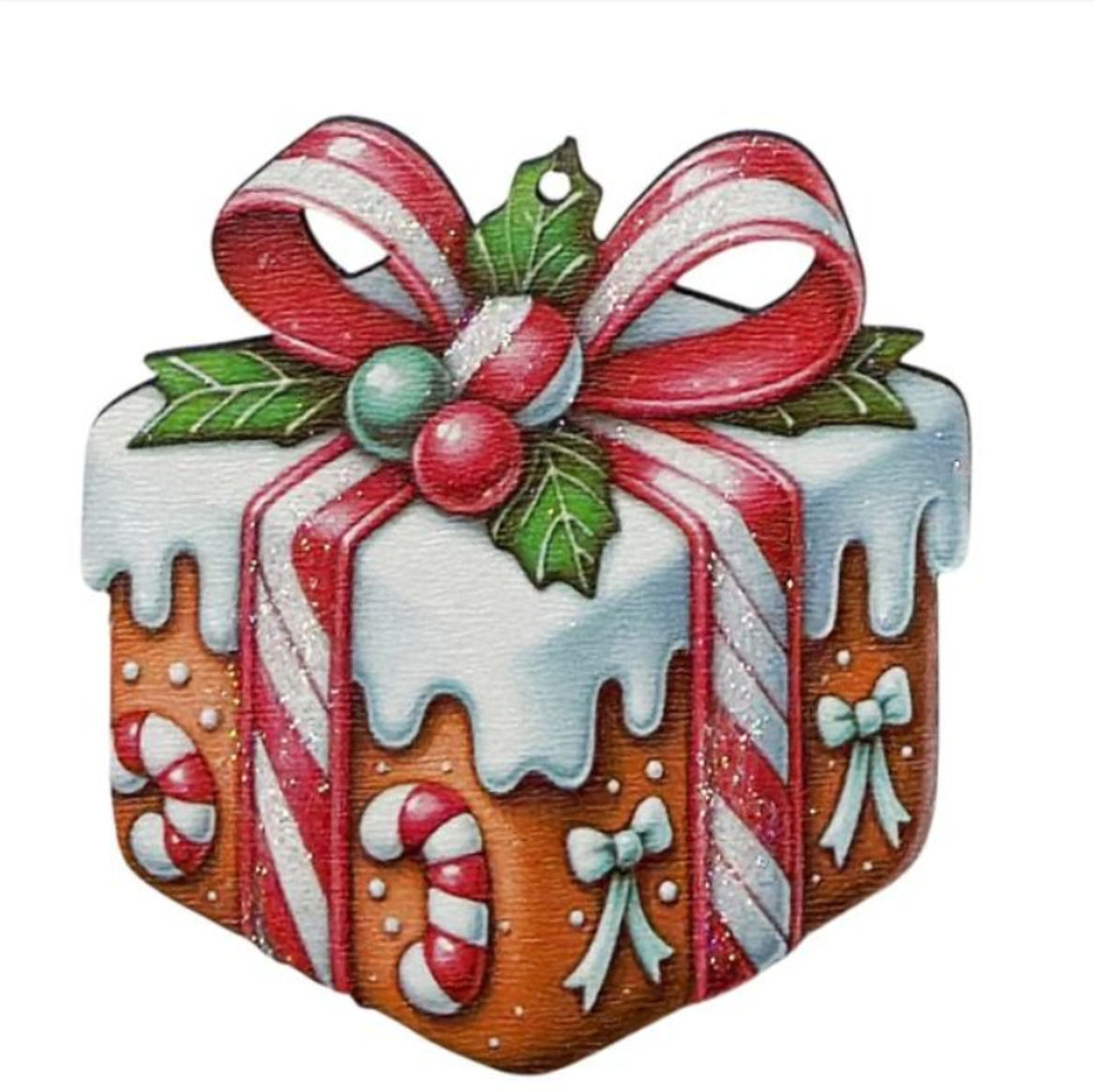 Pacchetto Regalo di Natale, Ornamento di Natale in Legno con fiocco, colore Rosso – ornamenti natalizi Merry Worlds
