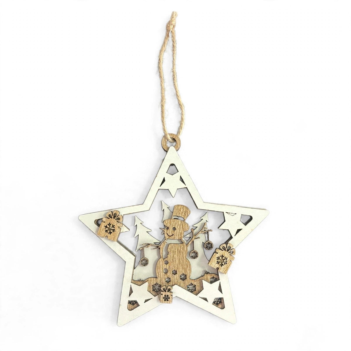 Pendaglio a Stella in legno con Pupazzo di Neve – ornamenti natalizi Merry Worlds