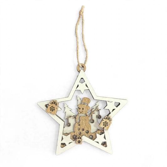 Pendaglio a Stella in legno con Pupazzo di Neve – ornamenti natalizi Merry Worlds
