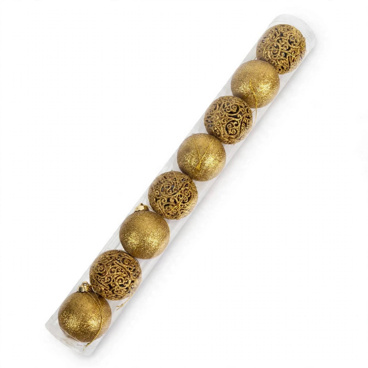 Set 8 Palline Glitter Infrangibili Traforate, 6cm, colore Oro – palline di Natale infrangibili Merry Worlds
