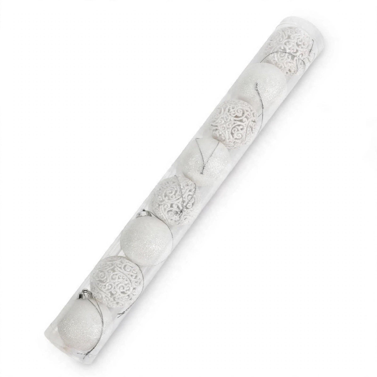 Set 8 Palline Glitter Infrangibili Traforate, 6cm, colore Bianco – decorazioni per albero di Natale Merry Worlds, foto 2